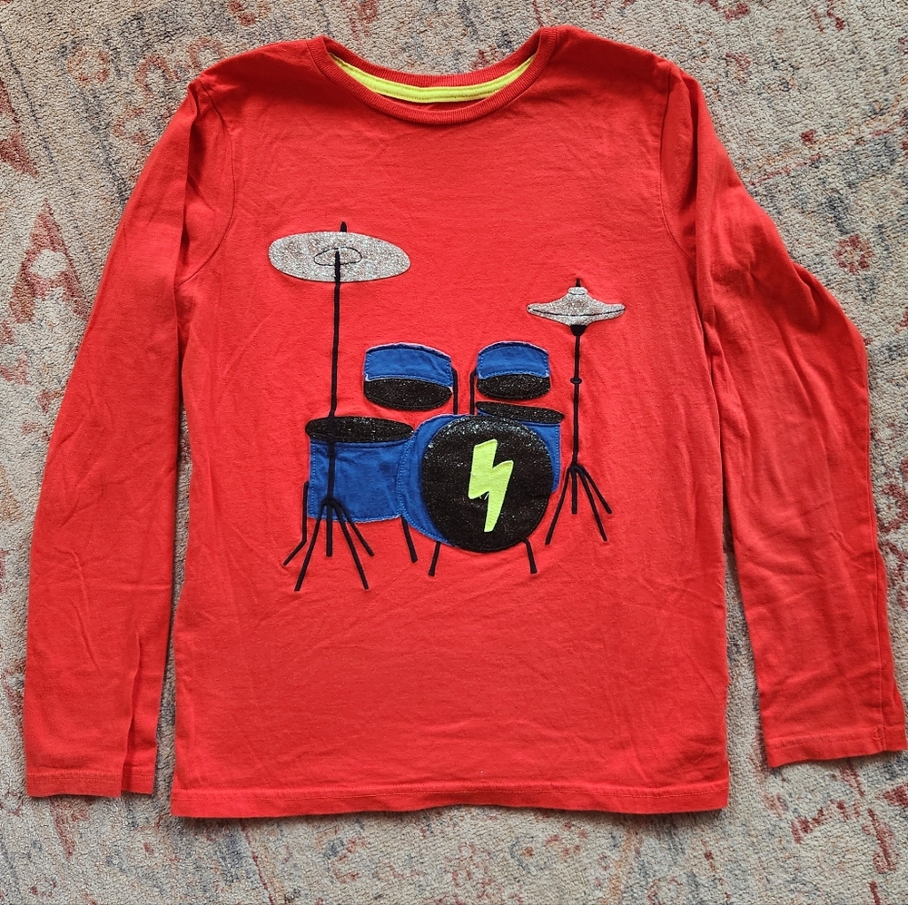Mini Boden Kids Red Drum Set Graphic Long Sleeve Shirt 11-12 Years